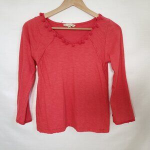 Anandas Clothing Coral 3/4 Long Sleeve Shirt Boho Casual Cute Pom-Pom Trim M